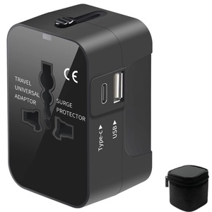 Adaptor Priza Universal International De Calatorie, ESL By Essential Level®, All-In-One, 1x USB + 1x Type-C, Compatibil US/UK/EU/Australia/Asia, Cu Protectie Siguranta, Ideal Pentru Telefon, Laptop, Accesorii, Husa Inclusa, Design Compact, Negru Mat