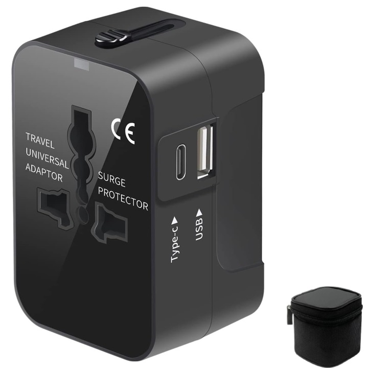 Универсален международен адаптер за щепсел за пътуване 1 USB+1 Type-C ESL от Essential Level®, всичко в едно за САЩ, Обединеното кралство, ЕС, Австралия, Азия със защитна защита, транспортна кутия