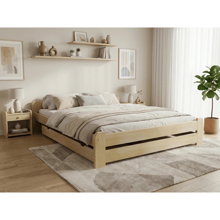 Pat Textilomanie Emily 140x200 cm, pin, fara saltea, cu lamele curbate