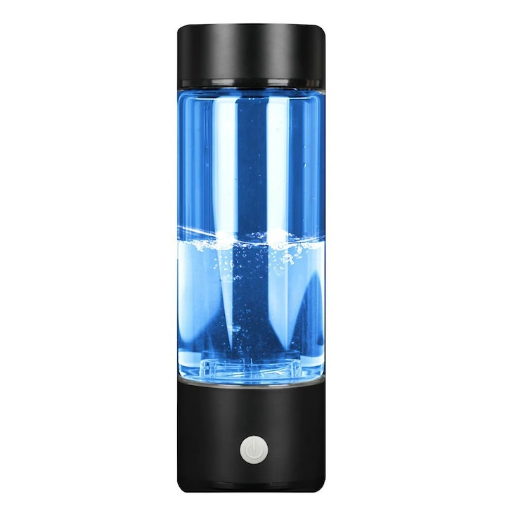 Бутилка за хидрогенирана/йонизирана вода NovEterna, преносима, 420 ml, USB захранване, LED, включен филтър, концентрация на водород 1300-1600 ppb, намагнетизирана вода, плазмена, алкална, черен дизайн