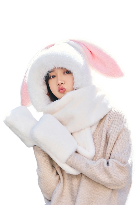 Caciula dama, model cu urechiuse de iepuras, prelungire fular calduros si spatiu pentru maini tip manusi, tematica cute little bunny, marime universala, alba, EFAYN