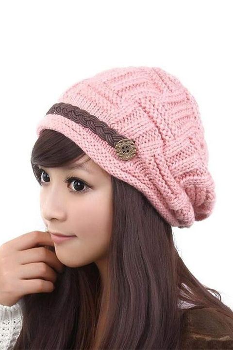 Caciula dama, model accesorizat cu detaliu impletit, tematica city style, marime universala, roz, EFAYN