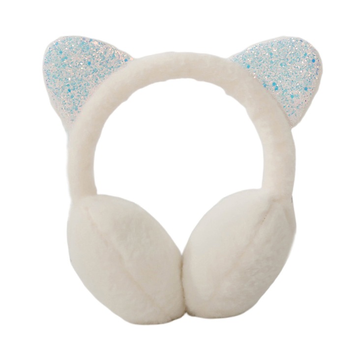 Acoperitori pentru urechi, protectie impotriva frigului, model casti dama pufoase, tematica fancy winter cat, marime universala, bej, EFAYN