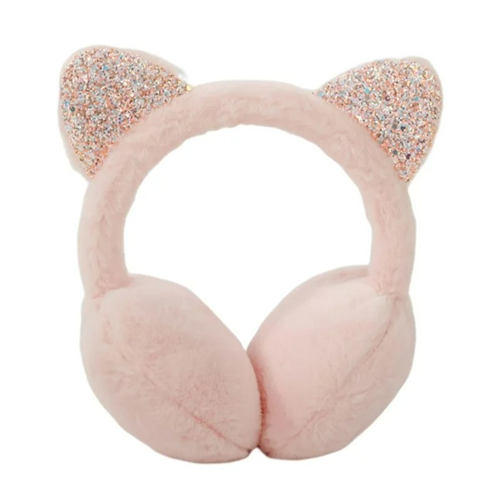 Acoperitori pentru urechi, protectie impotriva frigului, model casti dama pufoase, tematica fancy winter cat, marime universala, roz deschis, EFAYN