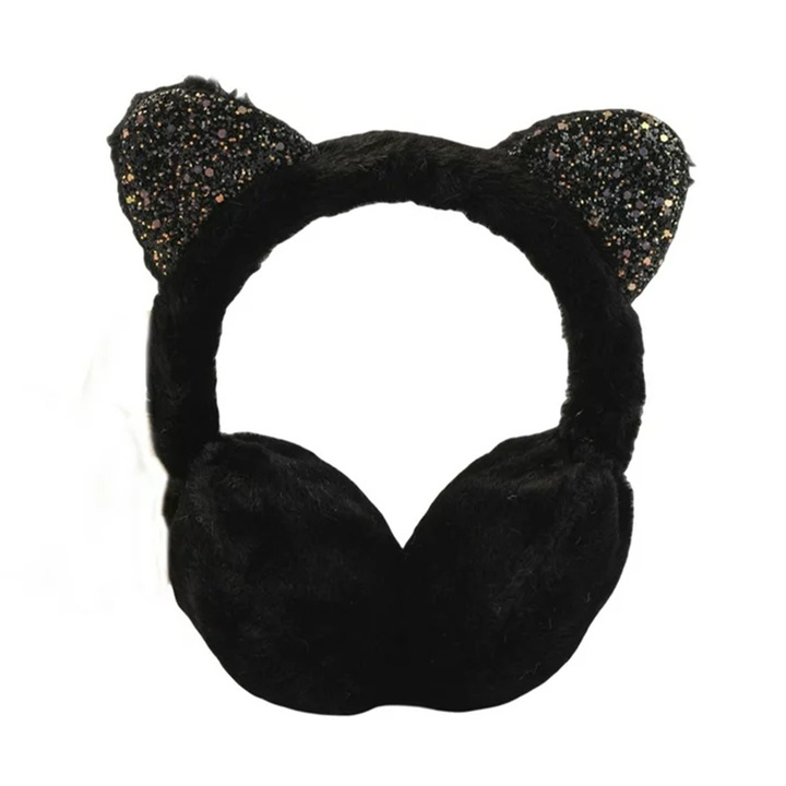 Acoperitori pentru urechi, protectie impotriva frigului, model casti dama pufoase, tematica fancy winter cat, marime universala, negre, EFAYN
