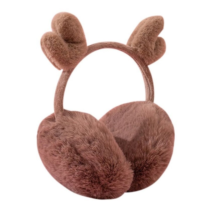 Acoperitori pentru urechi, protectie impotriva frigului, model casti dama cu cornite de ren, reglabile, tematica stay frosty, marime universala, maro, EFAYN