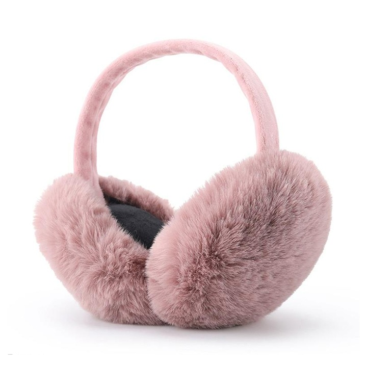 Acoperitori pentru urechi, protectie impotriva frigului, model casti dama clasice, calduroase si pufoase, pliabile, tematica fluffy winter, marime universala, roz inchis, EFAYN