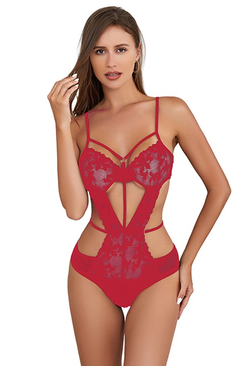 Body sexy cu dantela florala si decupaje NF-2025rosu 94446, Visiniu, One Size