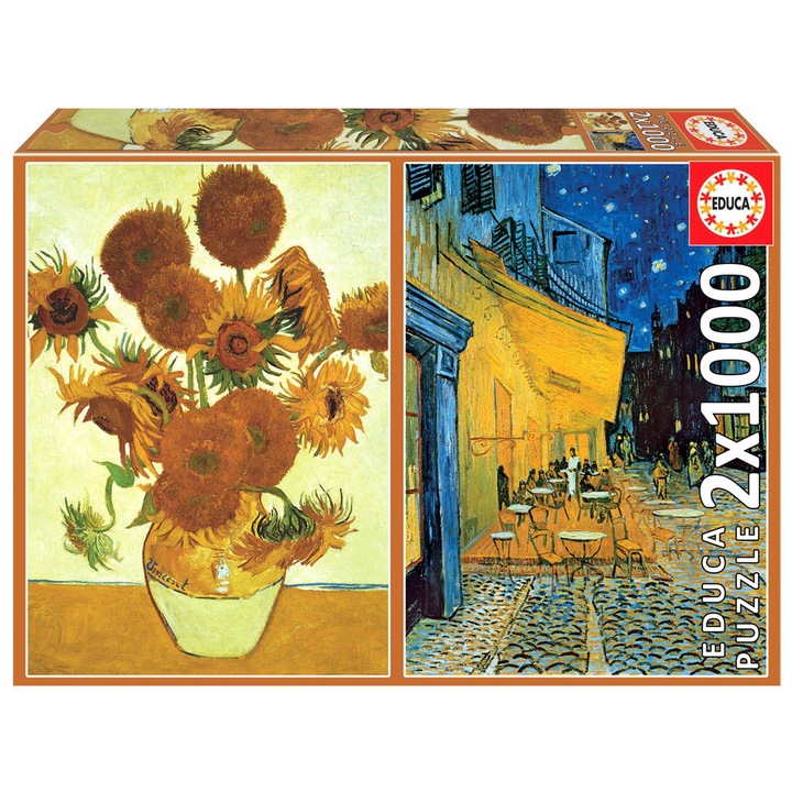 Educa 2x1000 db-os puzzle - Van Gogh - Napraforgók + Éjjeli kávézó, Klimt (18491)