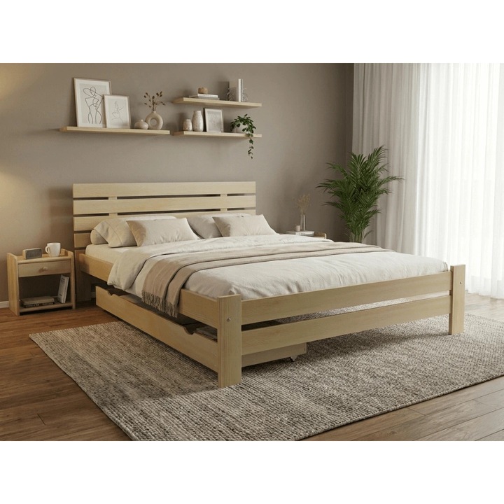 Pat Textilomanie PARIS 140x200 cm, pin, fara saltea, cu lamele curbate