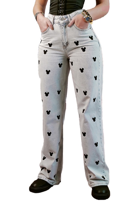 Egyenes farmer magas derekú Mickey hímzett modellel