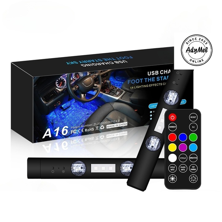 Lumini ambientale AdyMel® 2in1, cu sau fara fire, portabile, detasabile, cu acumulatori, incarcare USB, 7 culori, negru