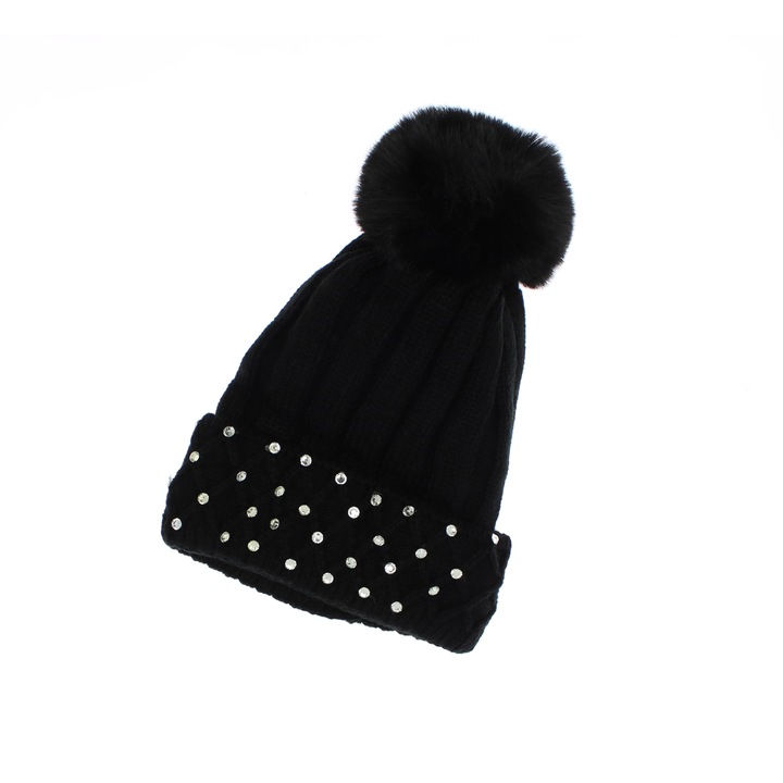 Caciula dama, ButicCochet, din 70% viscoza 30% lana, model cu strasuri, one size, Negru - FES227