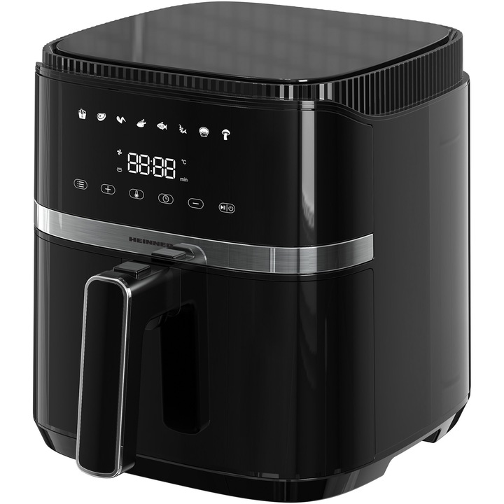 Friteuza cu aer cald Heinner Varietyfry Airfryer HAF-B5BK1500, 1500w, capacitate: 5l, display digital cu control touch, timer 60 min, temperatura 80-200 grade, 8 programe presetate, suport teflonat detasabil, oprire automata, negru