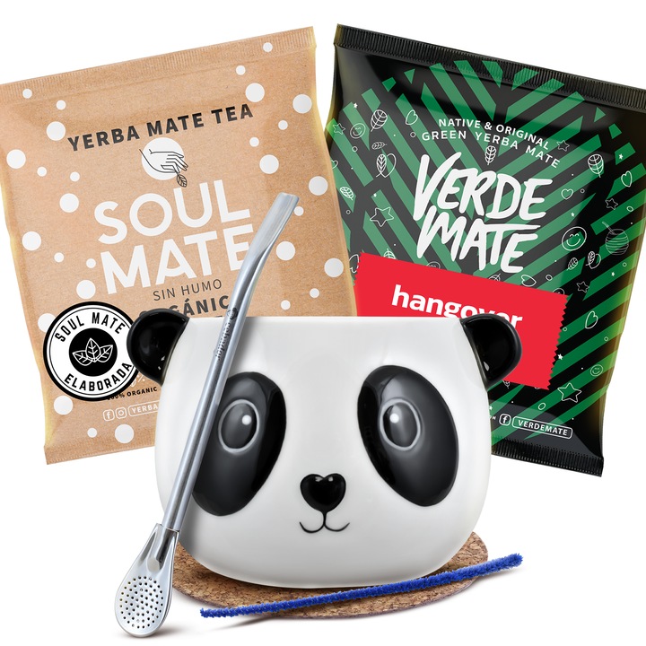 Yerba Mate Tea, Kiegészítő készlet, Green Mate Hangover, Soul Mate sin Humo Organica 2X50G Calabash Panda 350 ml, Bombilla
