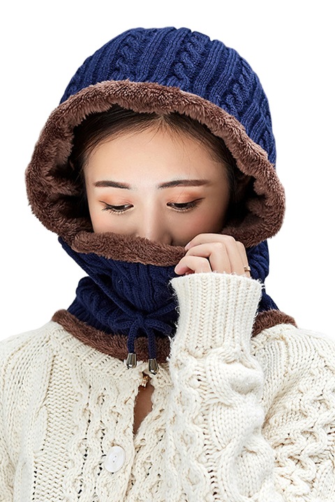 Caciula dama, model cagula calduroasa, reglabila cu snur si prelungire guler tip fular, tematica warm winter, marime universala, albastru navy, EFAYN