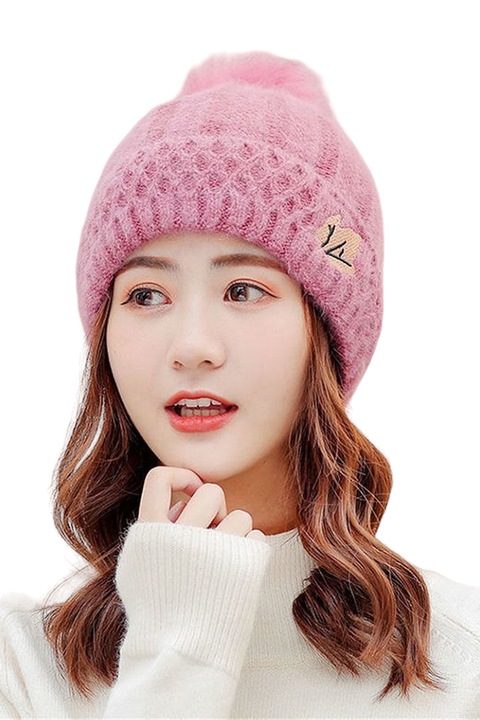 Caciula dama, model pom pom si detaliu frunza delicata, captuseala calduroasa, tematica warm fashion, marime universala, roz, EFAYN