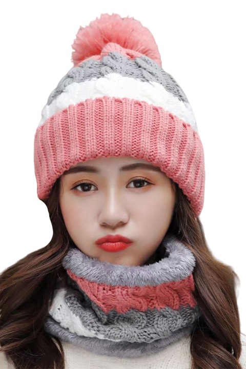 Caciula dama, set doua piese, model cu pom pom si captuseala calduroasa, fular tip guler asortat, tematica I am so pretty, marime universala, roz, EFAYN