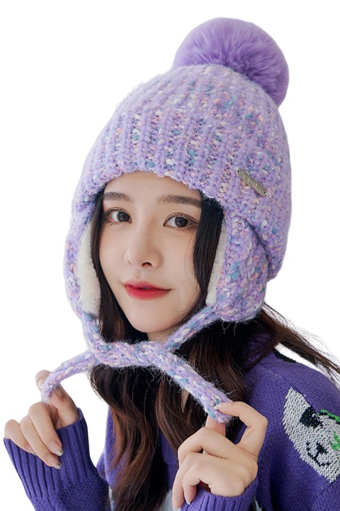 Caciula dama, model pom pom si prelungire urechi tip acoperitori, prindere reglabila si captuseala delicata, tematica mountain girl, marime universala, mov deschis, EFAYN