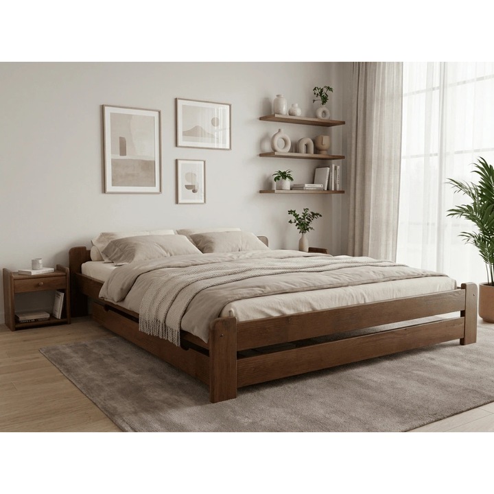 Pat Textilomanie Emily 120 x 200 cm, stejar, cu saltele Deluxe 10 cm, cu lamele drepte