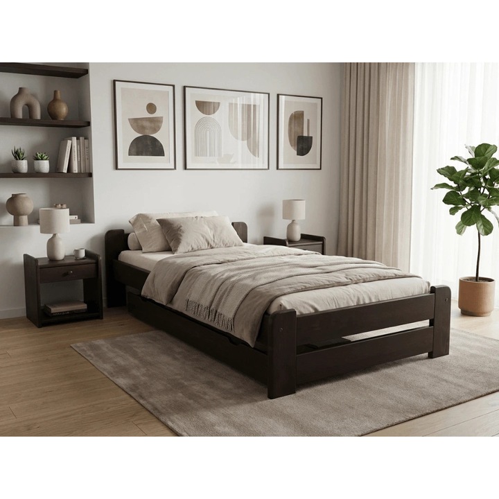 Pat Textilomanie Emily 90x200 cm, nuc, cu saltele Somnia 17 cm, Fara lamele