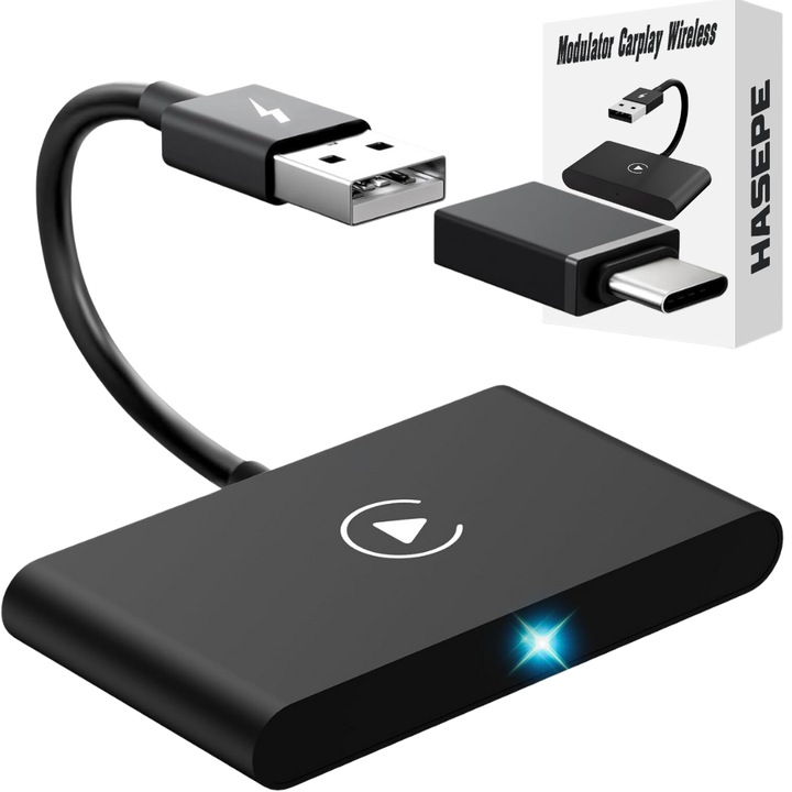 HASEPE vezeték nélküli Carplay modulátor, Smart USB autós lejátszás, automatikus újracsatlakozás, kompatibilis normál USB-vel vagy C típusú USB-vel, többfunkciós, fekete