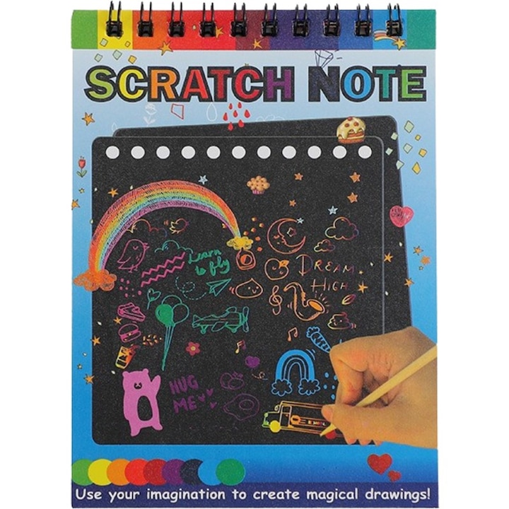 Caiet cu fise razuibile Flippy, DIY Magic Scratch, 12 File, Curcubeu, Creion din Lemn, Cartonase negre, 14 x 10 cm, albastru deschis