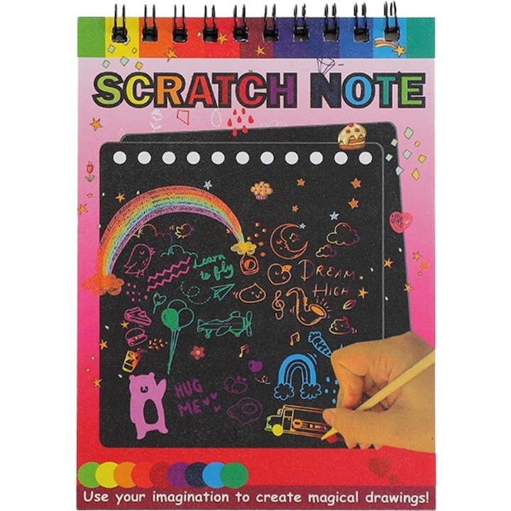 Jegyzetfüzet flippy kaparós sorsjegyekkel, DIY Magic Scratch, 12 lap, szivárvány, fa ceruza, fekete karton, 14 x 10 cm, piros