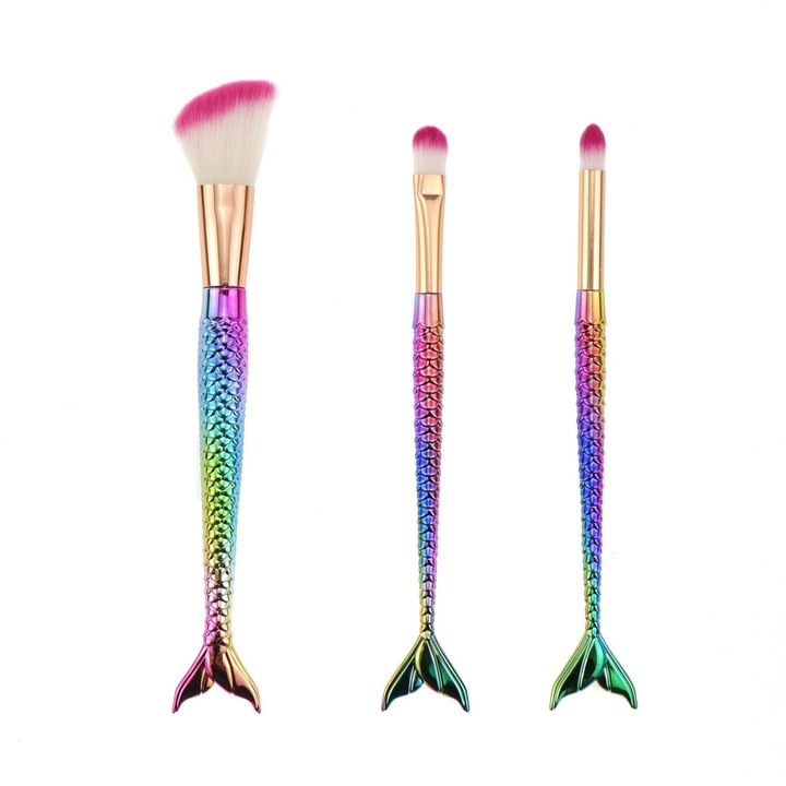 Комплект от 3 флипи четки за грим във формата на русалка, галванично покритие, фини детайли, ергономична дръжка, меки влакнести четки, многоцветен