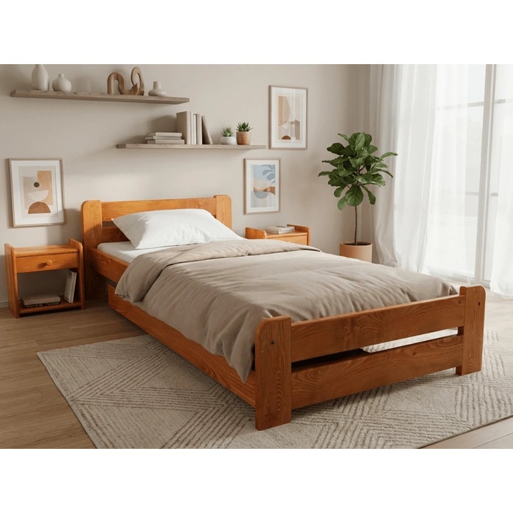 Pat Textilomanie Laura 90x200 cm, arin, cu saltele Deluxe 10 cm, cu lamele curbate