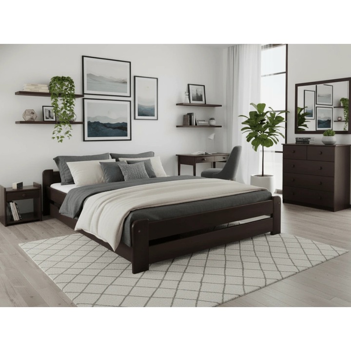 Pat Textilomanie Emily 140x200 cm, nuc, cu saltele Deluxe 10 cm, Fara lamele