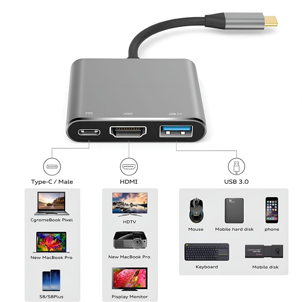 Adaptor HUB multiport 3 in 1 ONTEN, USB TypeC la USB 3.0, TypeC PD