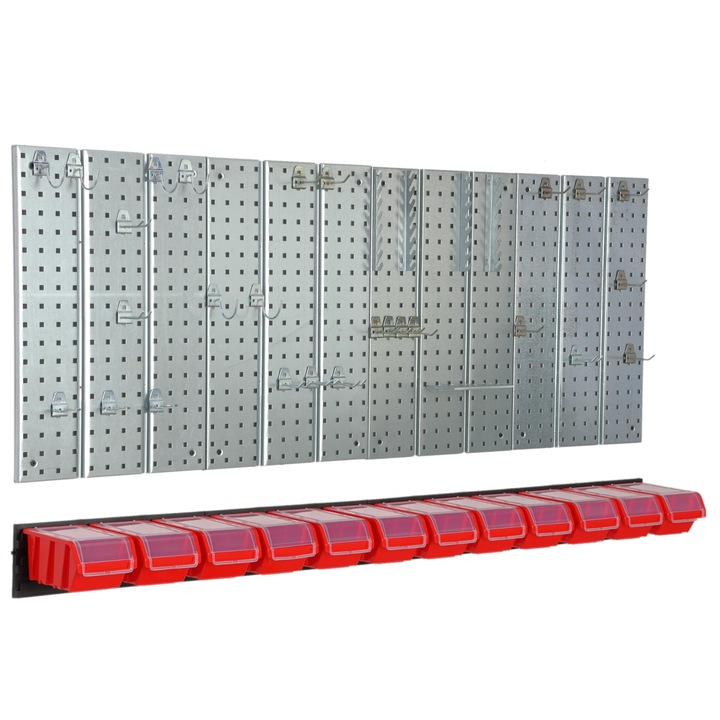 Set organizator perete pentru scule, Botle, Otel, 12 cutii, Gri/Rosu