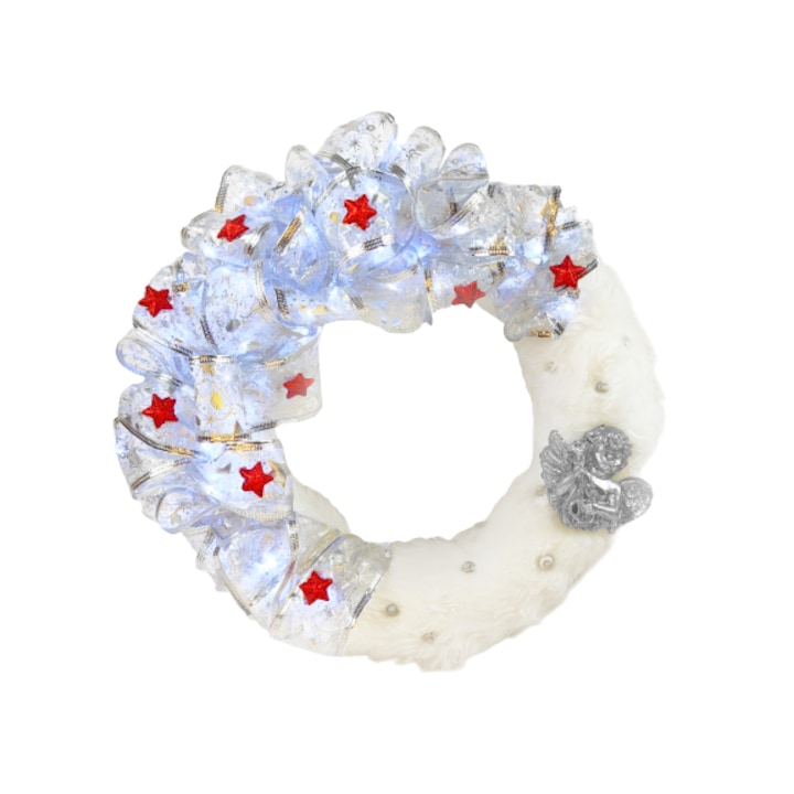 Коледен венец VERSAMAG, 35 см, с косъм, led панделка и фигура на ангел, сребро