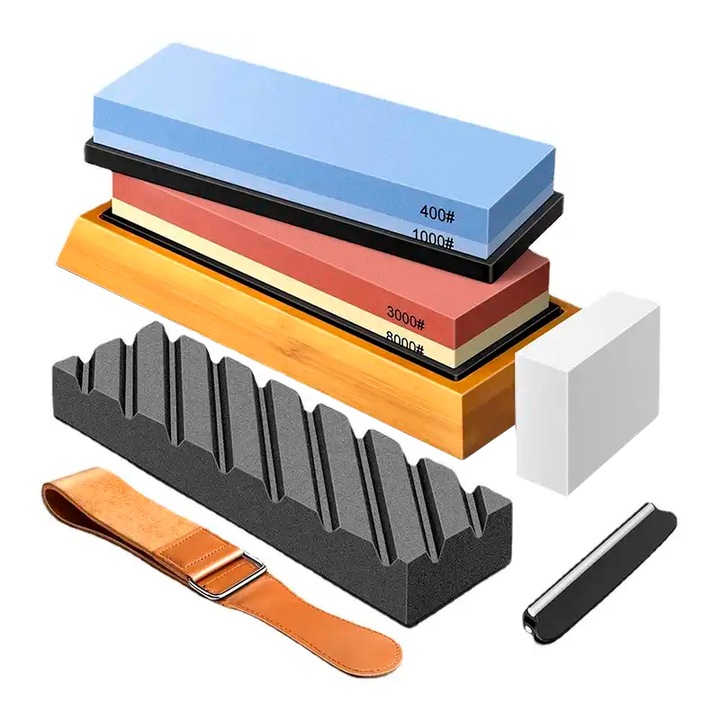 Ascutitor cu suport din lemn profesional HOCHO, set 5 pietre 400/1000, 3000/8000, Grit