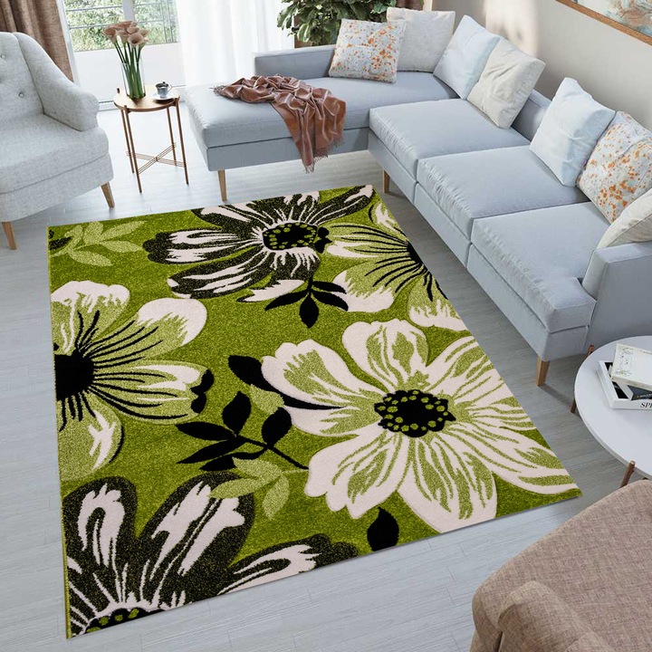 Friese virágos zöld szőnyeg, 70x100 cm, 2500 g/m2, 100% polipropilén