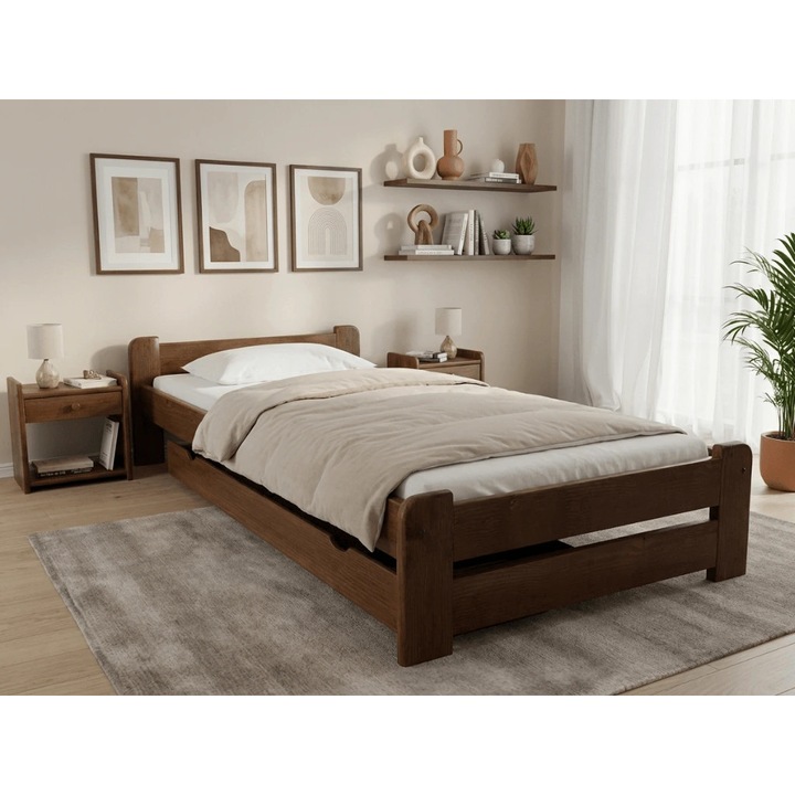 Pat Textilomanie Emily 90x200 cm, stejar, cu saltele Deluxe 10 cm, cu lamele drepte