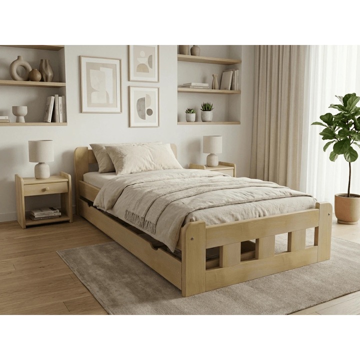 Pat Textilomanie Naomi 90x200 cm, pin, cu saltele Coco Maxi 19 cm, cu lamele curbate