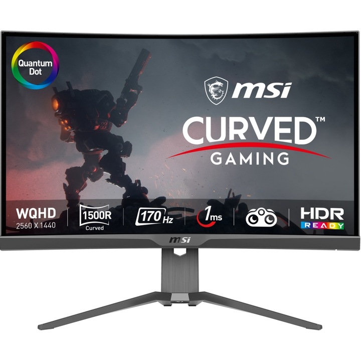 Монитор MSI MAG 275CQRF-QD, 170Hz, 27", 1ms, 2560x1440 WQHD, QUANTUM DOT, 1000R Curve, Rapid VA, 300 nits, 4000 : 1, Adaptive sync, 2x HDMI, 1x DisplayPort, 1x USB Type-C (DP alt. w/ PD Charging 15W), HEIGHT ADJUSTMENT 130mm, Vesa, 9S6-3CD24T-001 275CQRF