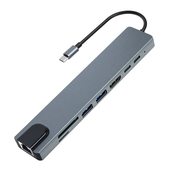 Хъб USB-C адаптер 8 в 1, AHA PRINT, Type-C вход, LAN RJ45 Ethernet изход, HDMI 4k, USB-C PD 68W, USB-C 3.1, 2*USB 3.0, SD/TF карта, алуминий