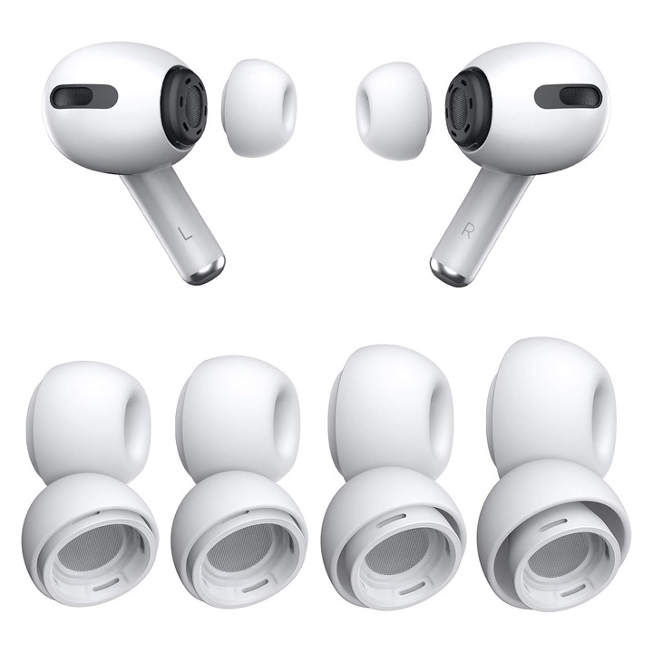 Set 4 perechi dopuri pentru casti, NUODWELL, Set 4 perechi eartips din silicon, Compatibil AirPods Pro/Pro 2, Gaura de reducere a zgomotului, Capac de praf dintr-o singura bucata, Marime XS/S/M/L, Alb