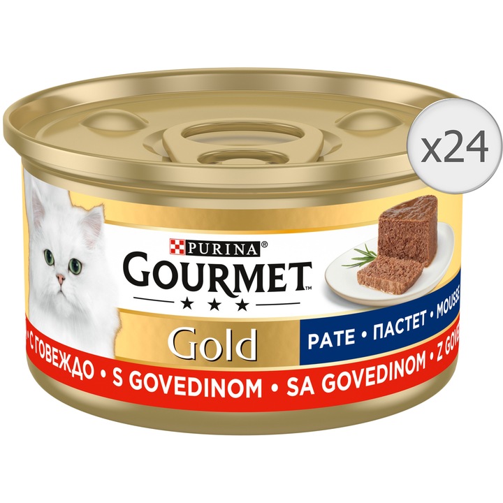 Мокра храна за котки Gourmet Gold, Мус с говеждо, 24 x 85 гр