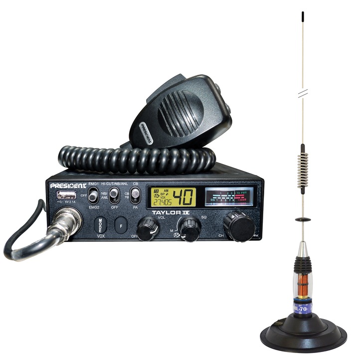 Комплект радиостанция CB President TAYLOR IV ASC, Roger Beep, 4W, 12V/24V с Антена CB PNI ML70 с магнит