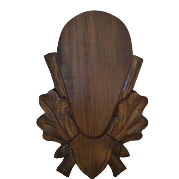 Panoplie sculptata, pentru trofeu caprior, lemn, maro inchis, 19x28.5 cm
