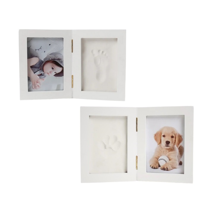 Set 2 x rama foto din lemn pentru poze si amprenta palma sau talpa bebelusi, copii sau mulaj labuta animal de companie, 11.4 x 16 cm si 9.2 x 9.2 cm, tip album foto, cu balamale metalice