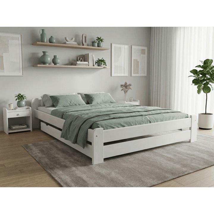 Pat Textilomanie Emily 160x200 cm, alb, fara saltea, cu lamele curbate