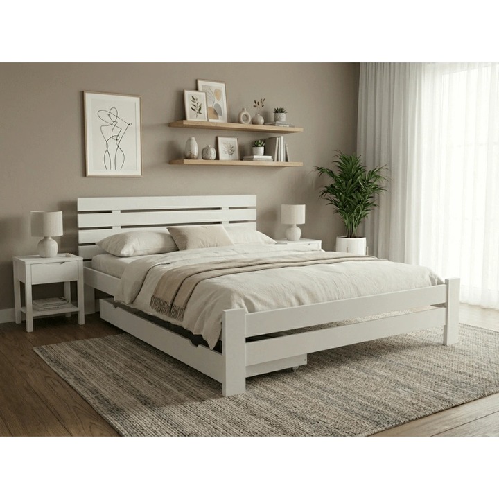 Pat Textilomanie PARIS 120 x 200 cm, alb, fara saltea, cu lamele drepte