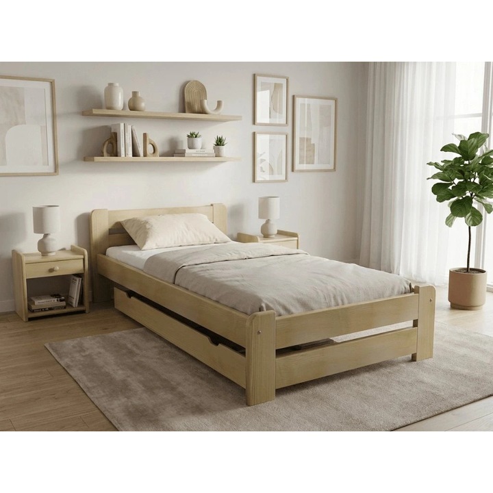 Pat Textilomanie Laura 90x200 cm, pin, fara saltea, Fara lamele