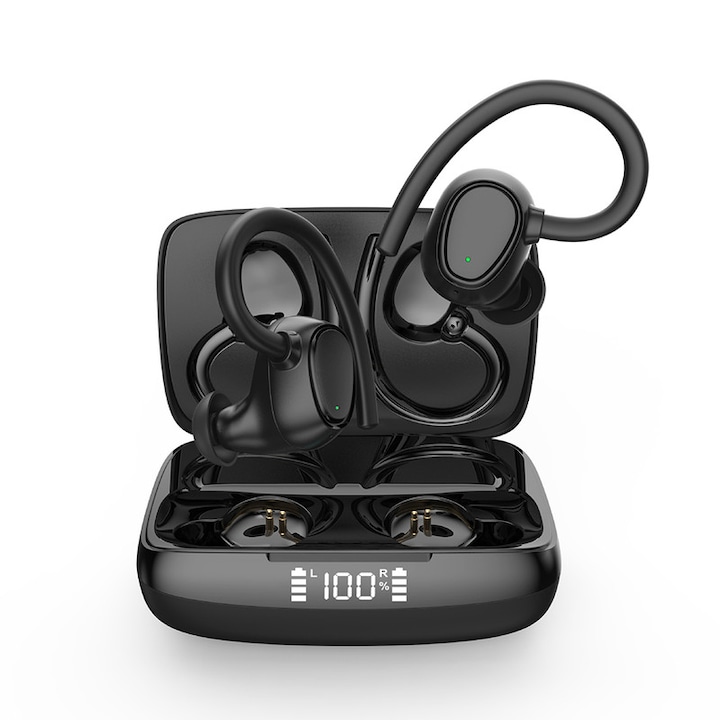 Безжични слушалки, Bluetooth 5.1, LED дисплей, Черни