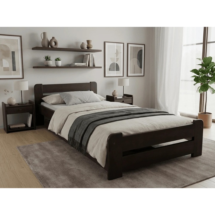 Pat Textilomanie Laura 90x200 cm, nuc, fara saltea, cu lamele curbate